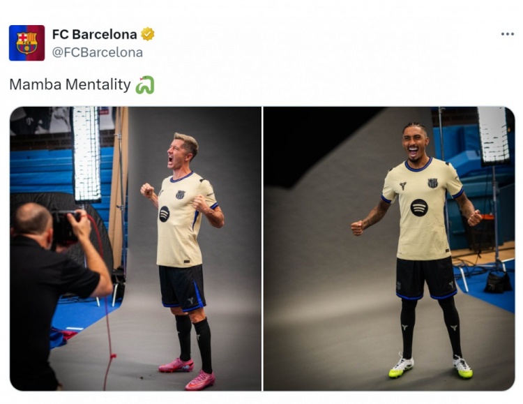 模拟器-巴萨官方晒莱万、拉菲尼亚身穿科比联名球衣定妆照：曼巴精神